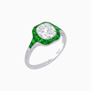 Art Deco Inspired Cushion Cut Halo Ring with Calibré-Cut Gemstones - Shahin Jewelry